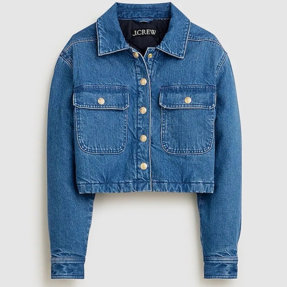 J.Crew Cropped Denim Puffer Jacket in Blue Quilted Lining